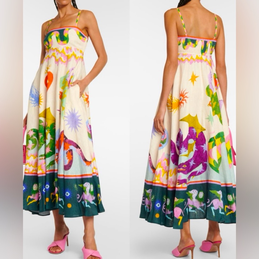 Abstract Midi Length Comfortable Sundress with Adjustable Straps and Pockets